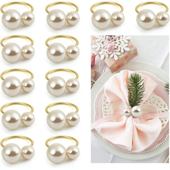 KESOTE Set of 12 Pearl Napkin Rings, Gold Napkin Ring Holders for Formal - Picture 1 of 7